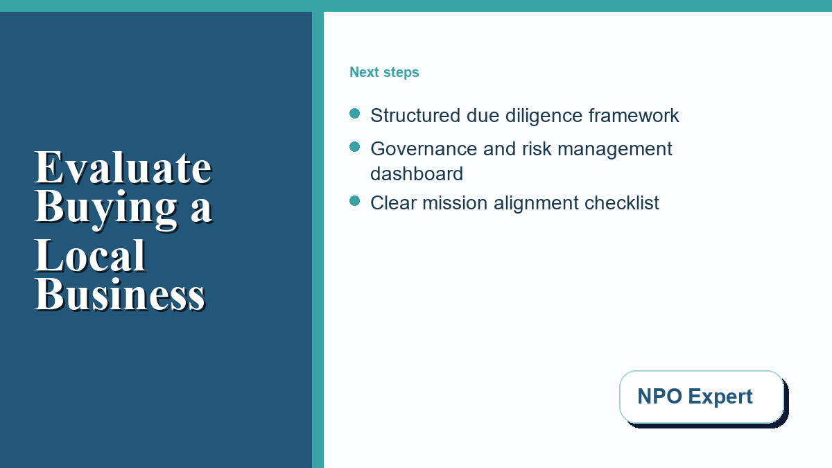 A governance flowchart showing board review, risk mitigation, and transition roles for nonprofit acquisitions.